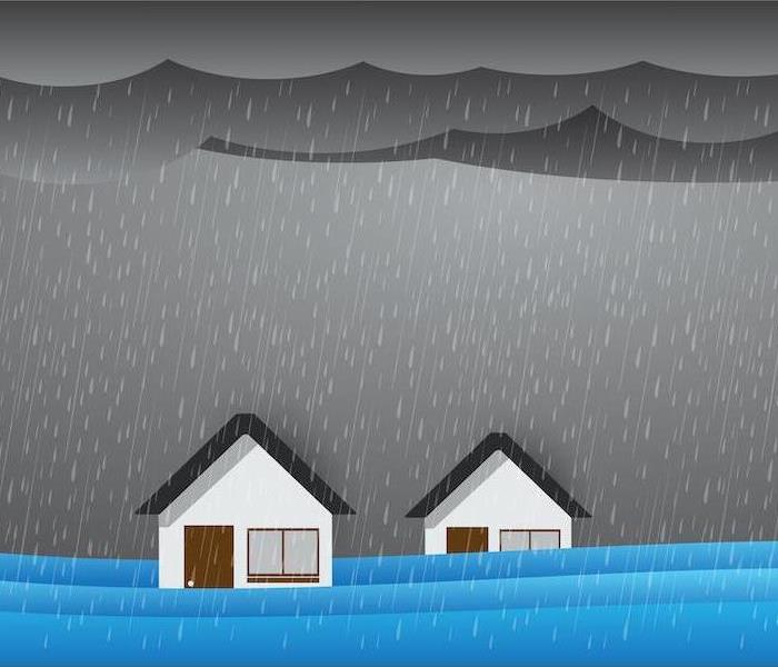 Storm flooding cartoon of two houses in rain