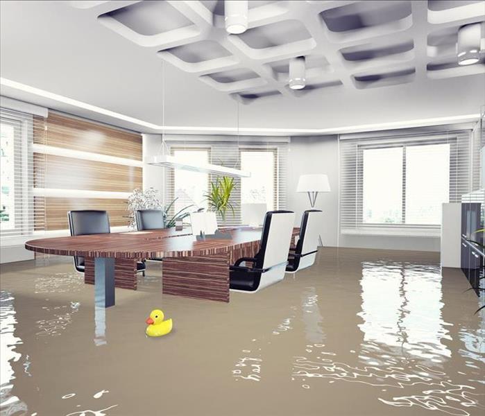 Office boardroom with brown water halfway up the table and chairs. Windows with blinds looking outside. Little yellow duck.