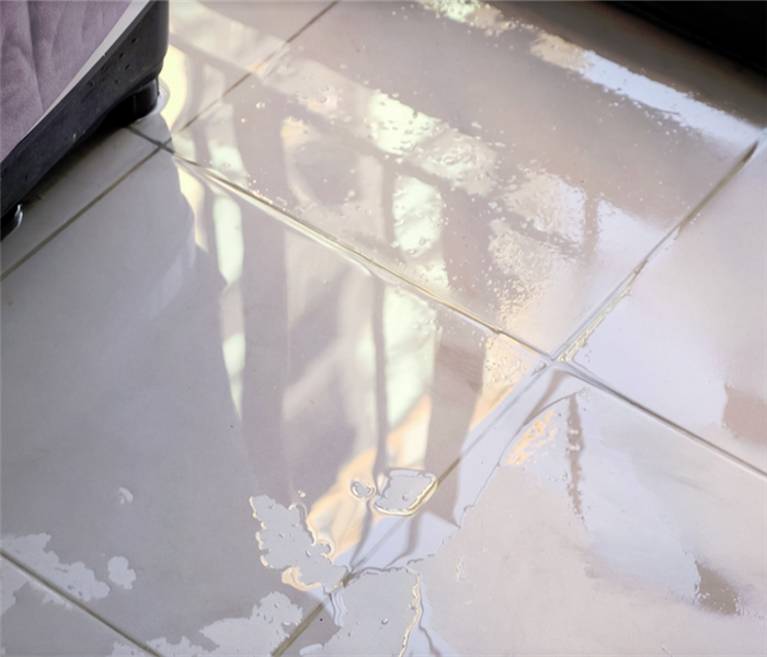 puddles of water on the white tile floor